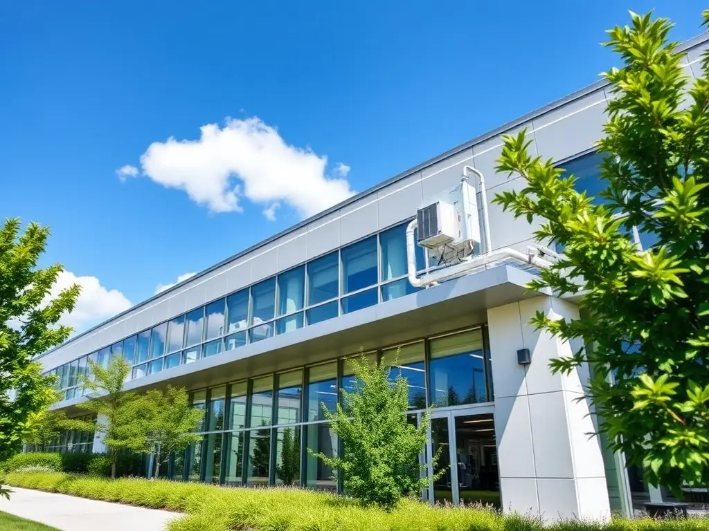 A modern commercial building with energy-efficient lighting and HVAC systems.