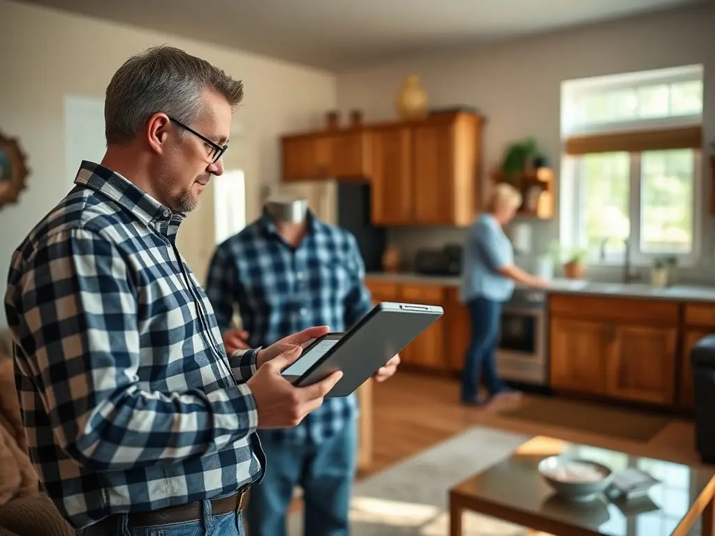 An energy auditor assessing energy systems in a living room while discussing with homeowners.