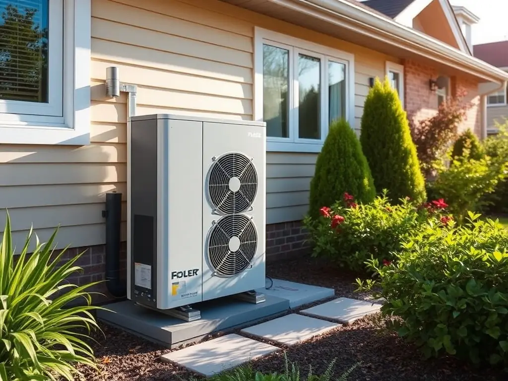 A modern heat pump system installed outside a home, surrounded by a garden.