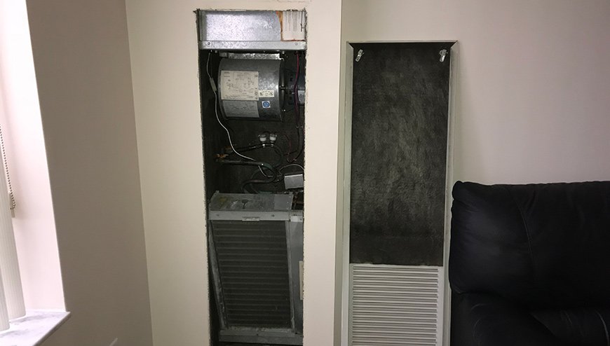Exposed wall furnace unit for repair or replacement
