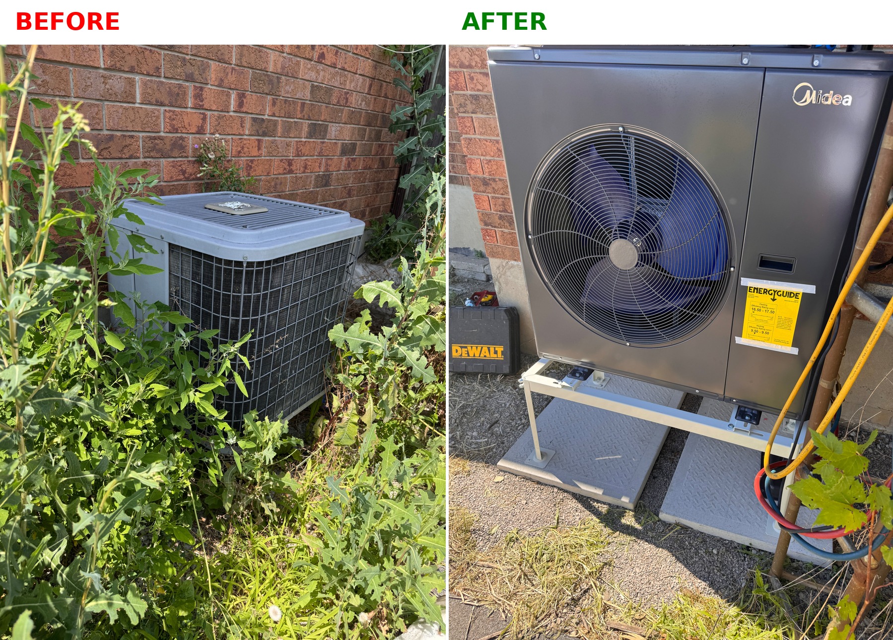 Before and after Midea heat pump installation in West Lincoln Ontario